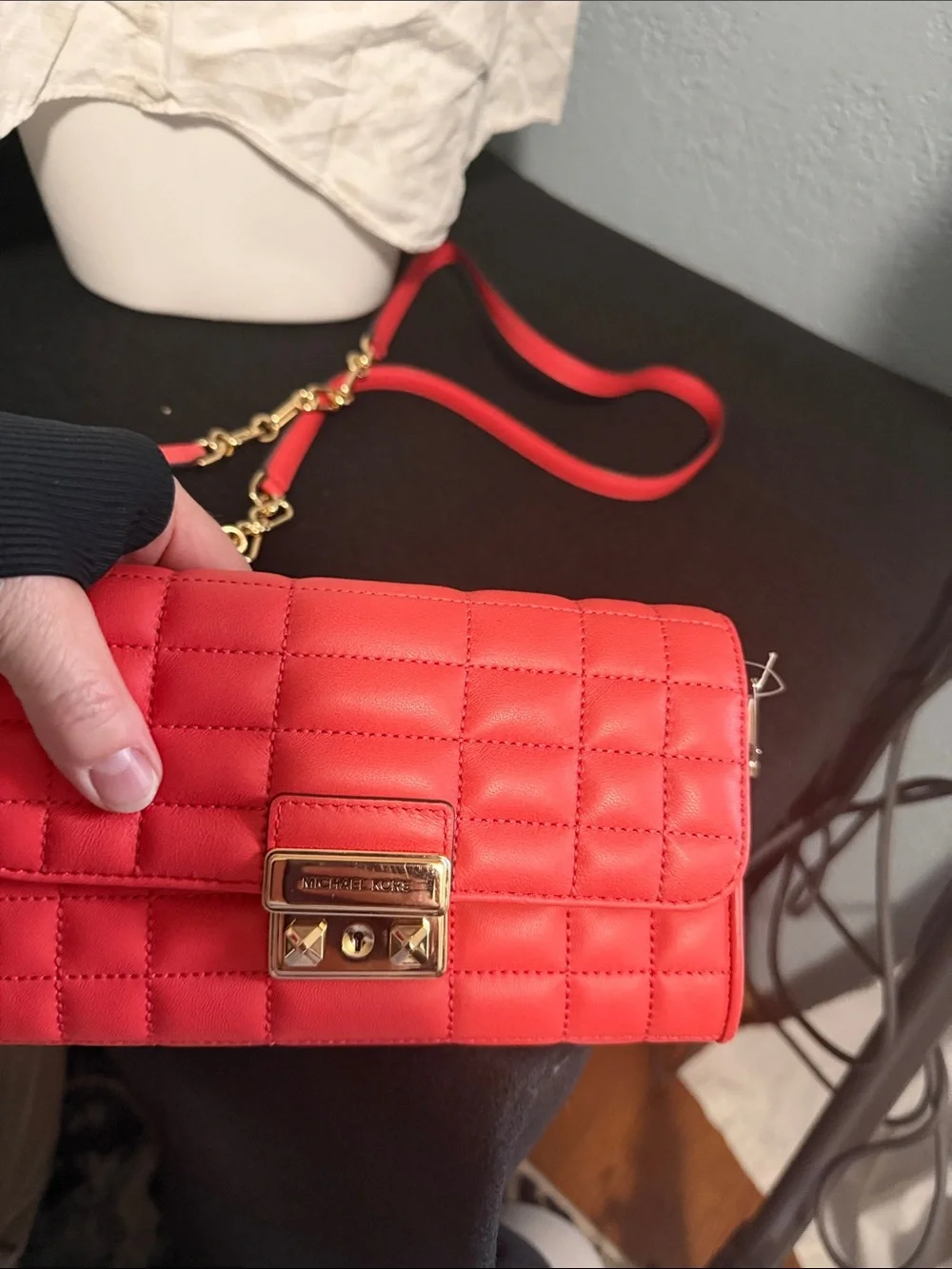 Michael Kors Coral-Red Quilted Crossbody with Gold Chain